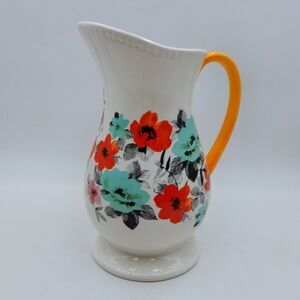 The Pioneer Woman Flea Market 2-Quart White Pitcher Floral Vase Jug Yellow Handl